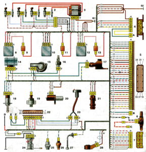 Схема соединений системы управления двигателем ВАЗ-2111 с распределённым впрыском топлива под нормы токсичности России (контроллер М1.5.4) автомобилей ВАЗ-21102, -2111, -21122.