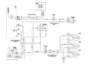 Схема системы управления самосвальной платформой с 3-х сторонней разгрузкой МАЗ 5340M4, 5550M4, 6312М4 (Mercedes, Евро-6).