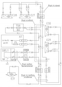 Схема включения плафонов освещения салона, спального места и плафона освещения двигателя МАЗ-642205 (2008 год).