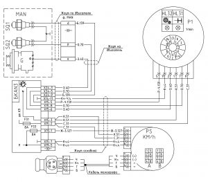 Схема системы тахографа и тахометра МАЗ 643069 с блоком коммутации БКА-3 и двигателем MAN.