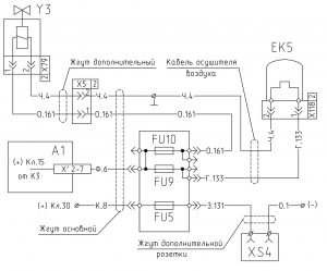Схема включения осушителя воздуха и клапана глушения двигателя МАЗ-642205 (2008 год).