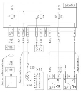 Схема подключения фары освещения сцепки, блокировки поворотной оси полуприцепа и бытовых приборов МАЗ 643069 с блоком коммутации БКА-3.
