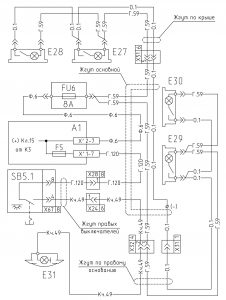 Схема включения плафонов освещения салона, спального места и плафона освещения двигателя МАЗ-555102.