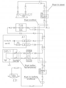 Схема включения плафонов освещения салона, спального места и плафона освещения двигателя МАЗ-543205 (2008 год).