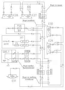 Схема включения плафонов освещения салона, спального места и плафона освещения двигателя МАЗ-533605 (2008 год).