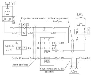 Схема включения осушителя воздуха и клапана глушения двигателя МАЗ-551605 (2008 год).