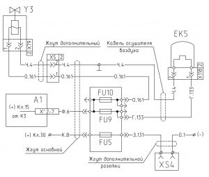 Схема включения осушителя воздуха и клапана глушения двигателя МАЗ-555102.